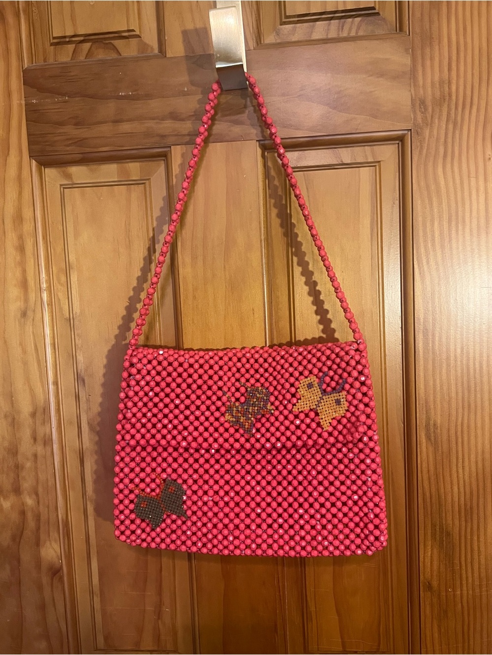 Red Beaded Shoulder Bag with butterflies